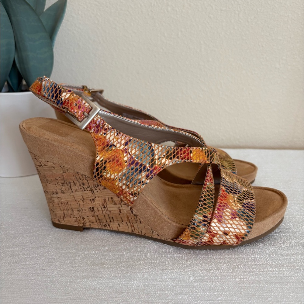 New Aerosoles Plushed Together Colorful Textile Cork Wedge Sandals Women’s 8.5M